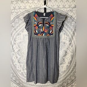 Elegant Striped Dress with Colorful Embroidery